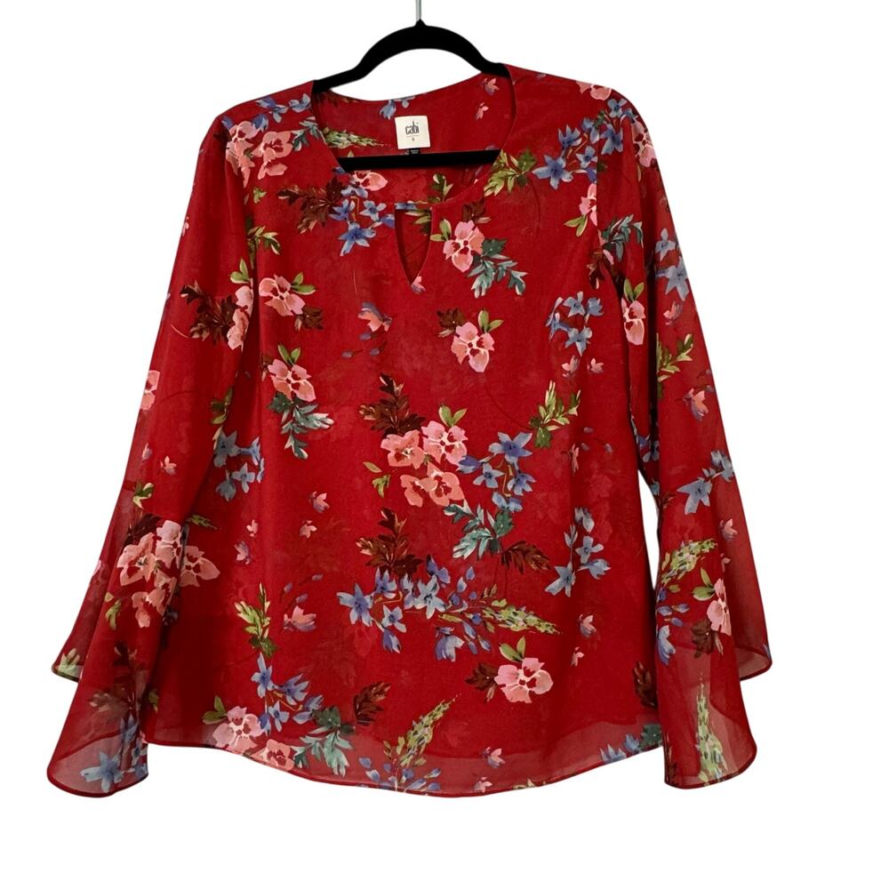Cabi Devoted Floral Bell Sleeve Blouse Top Multicolor Round Neck Women’s Size XS